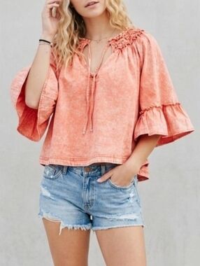 Free People Peach Flutter Sleeve Blouse with Smocked Ruffles Boho Bohemian Baggy